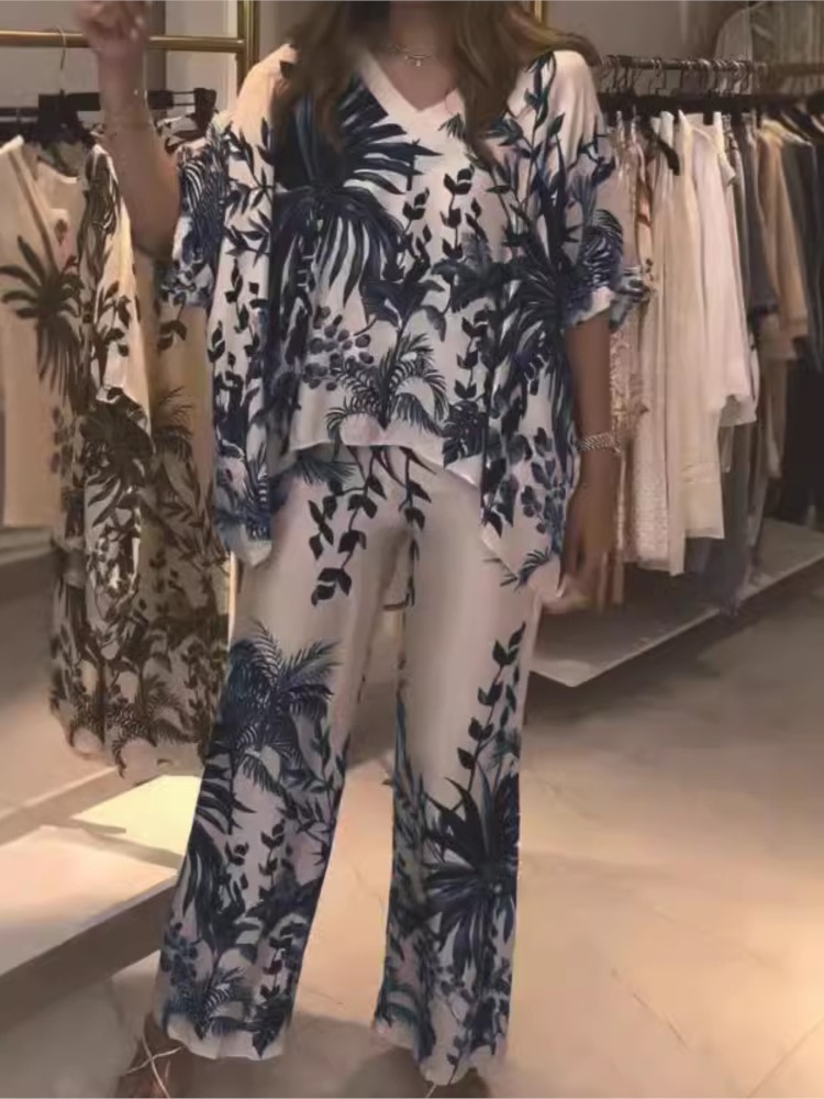 Romper Floral Print - 우아한 투피스 오피스 세트, 2024 여성용