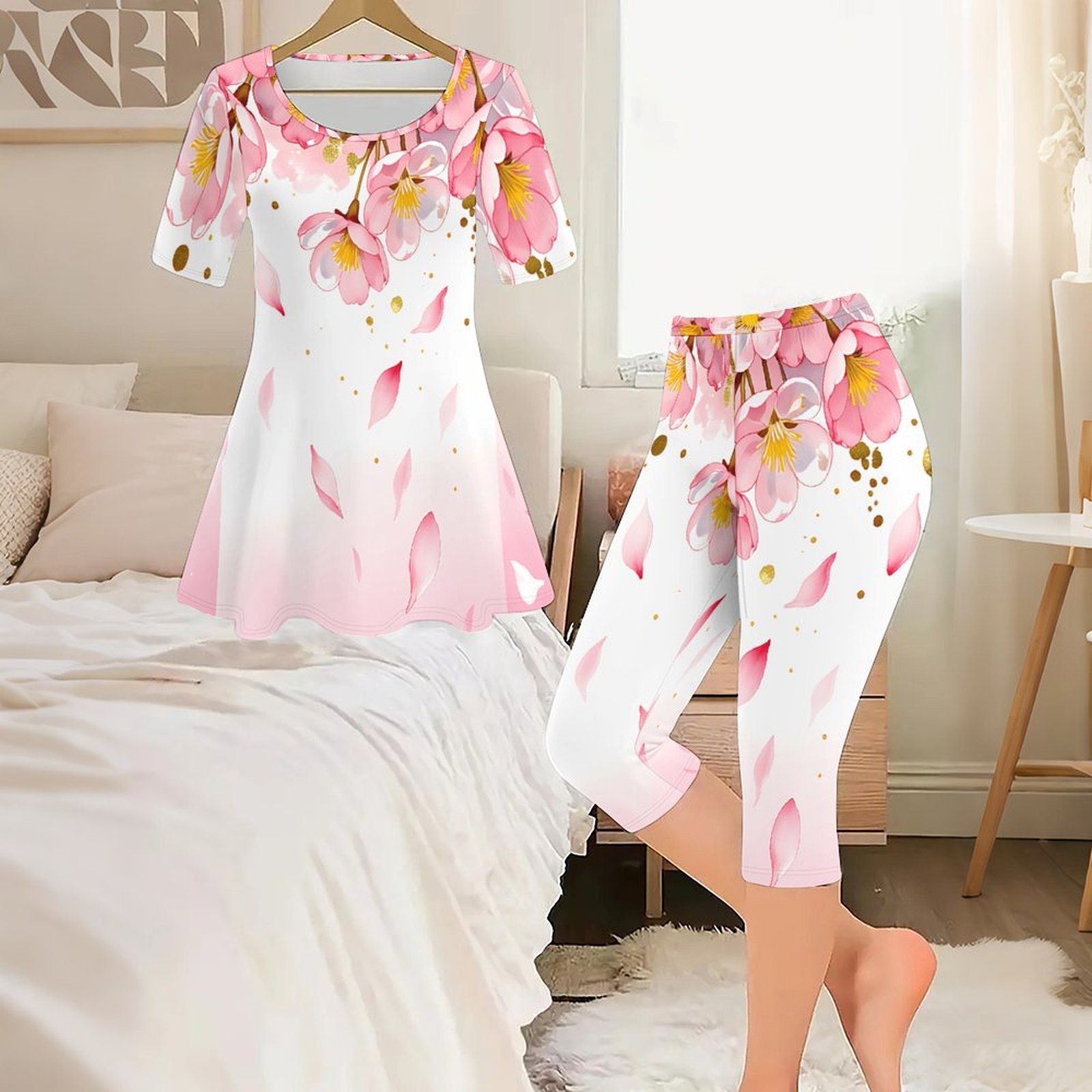 2피스 빈티지 프린트 투피스 세트 여성 캐주얼 반팔 엘 - Romper Floral Print 리뷰 및 가격