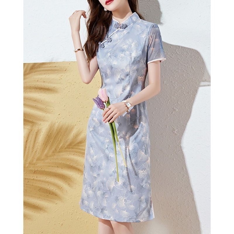 여성 라이트 블루 플로럴 프린트 치파오 드레스 반팔 마 - Midi Skirt Floral 리뷰 및 가격