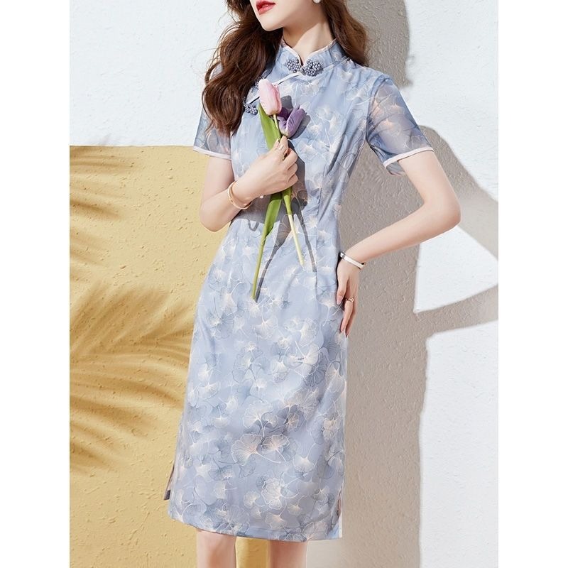여성 라이트 블루 플로럴 프린트 치파오 드레스 반팔 마 - Midi Skirt Floral 리뷰 및 가격