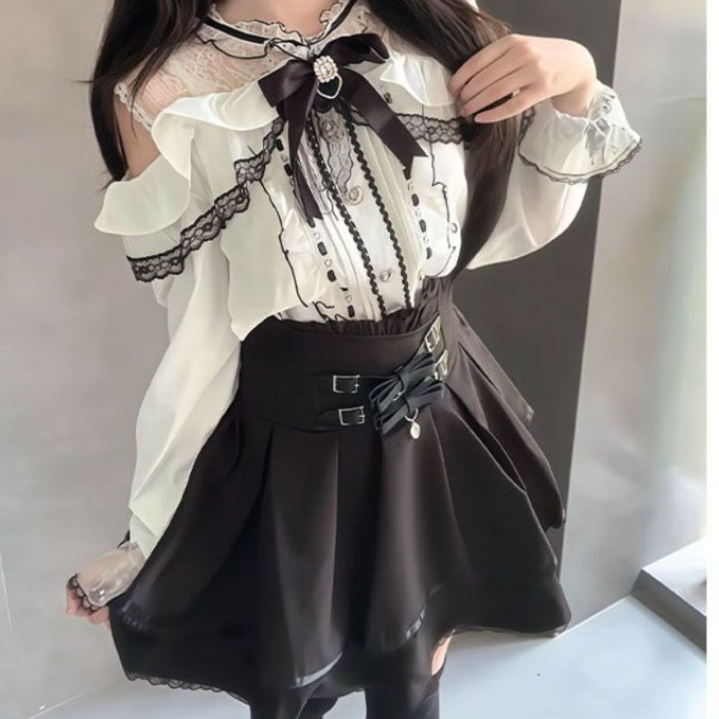 일본 고딕 Y2K 로리타 스타일 세트 여성용 달콤한 레 - Blouse Off Shoulder 리뷰 및 가격